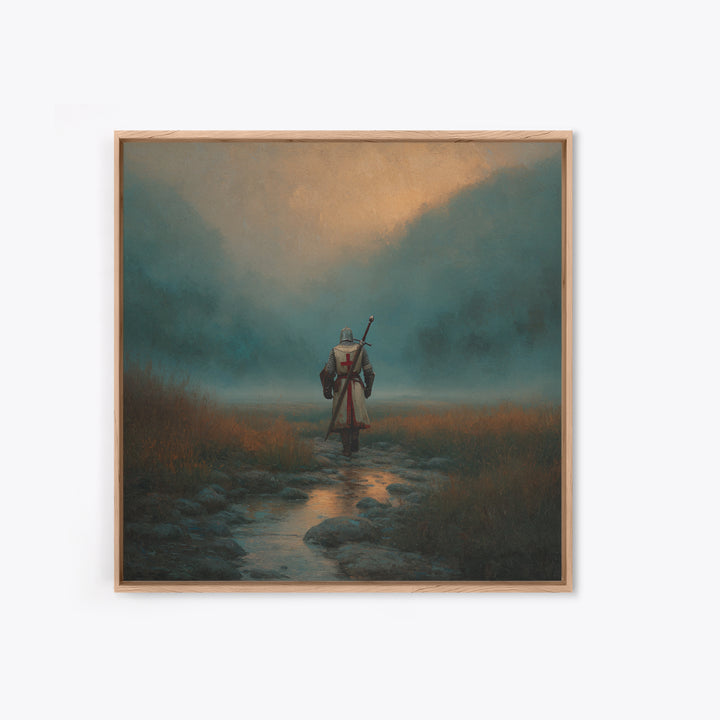 Foggy Knight Mountain Path Wall Art, Moody Fantasy Landscape Print, Medieval Warrior Decor, Rustic Home Decor Gift For Living Room