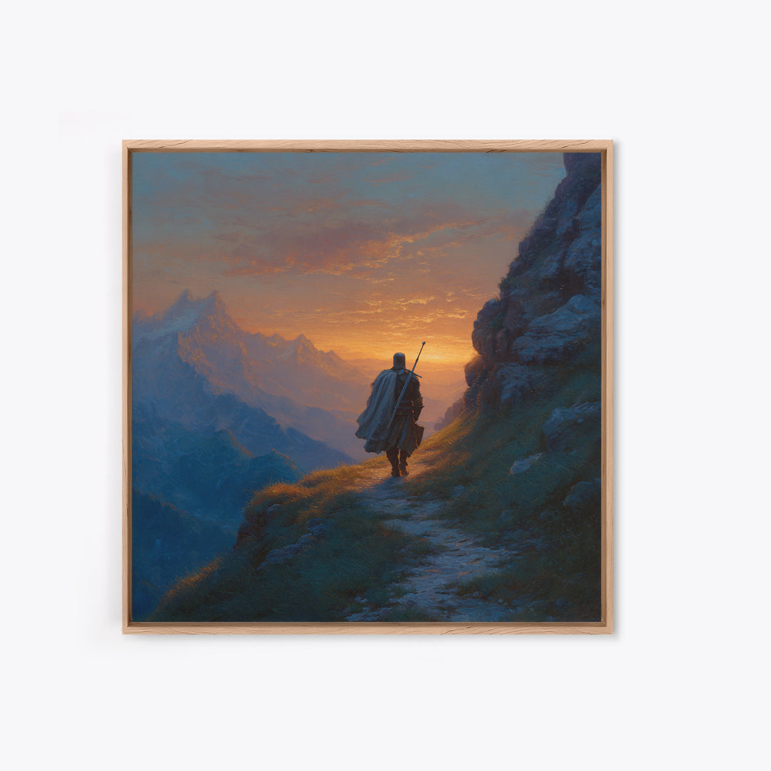 Lone Traveler On Mountain Path Wall Art, Sunset Fantasy Landscape Canvas Print, Epic Adventure Decor For Living Room Home Decor