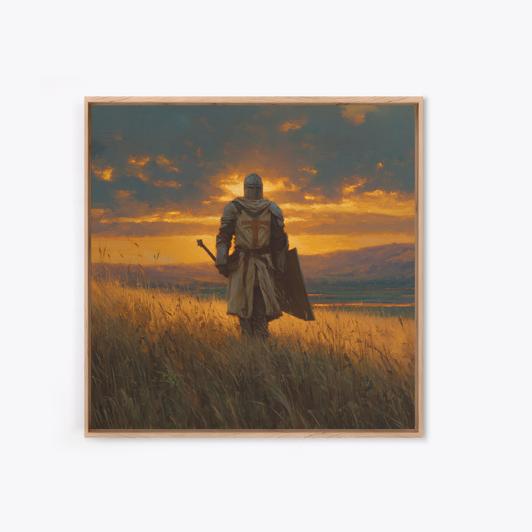 Lone Knight Sunset Field Canvas Print, Medieval Landscape Wall Art, Fantasy Warrior Decor, Rustic Home Decor, Gift For Him