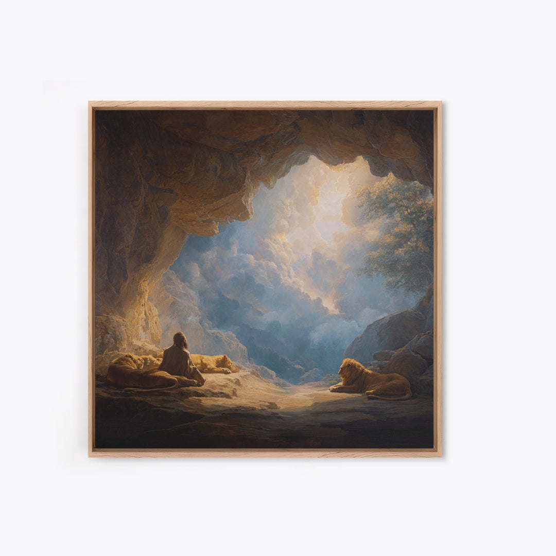 Cave Sanctuary With Lions And Heavenly Clouds Wall Art, Fantasy Landscape Canvas, Spiritual Home Decor, Mystical Gift Print
