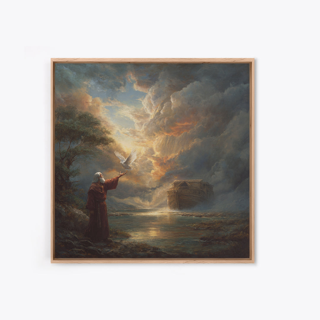 Noah Releasing Dove Before Storm Canvas Print, Biblical Wall Art, Christian Artwork, Dramatic Landscape Decor, Faith Gift