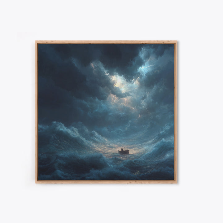 Tiny Boat In Stormy Ocean Wall Art, Dramatic Seascape Canvas Print, Nautical Coastal Decor, Moody Ocean Painting Gift For Him