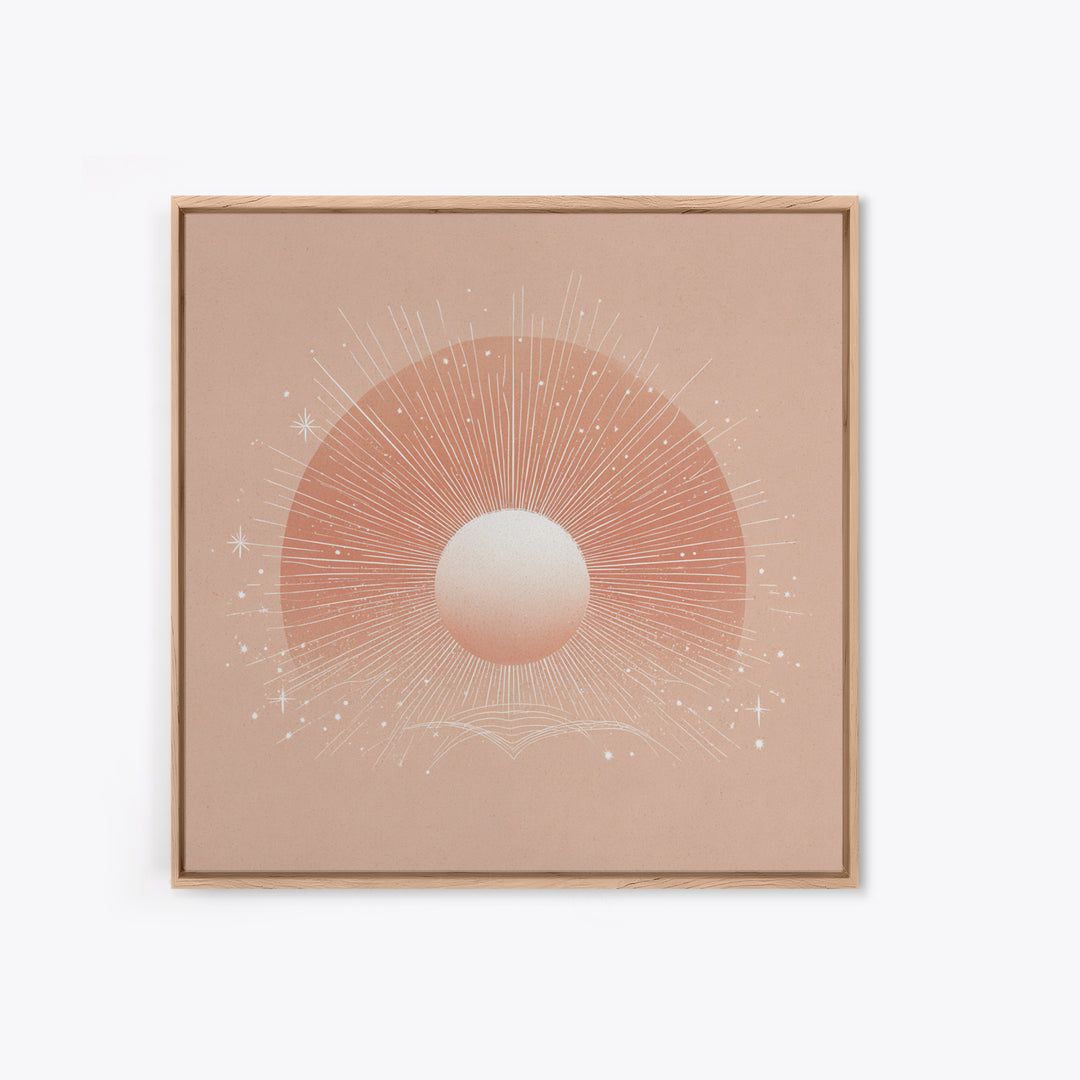 Radiant Peach Sun Wall Art, Celestial Canvas Print, Boho Sun And Moon Decor, Minimalist Nursery Or Bedroom Wall Decor Art Print