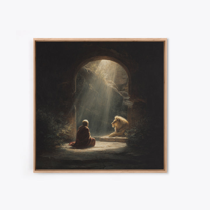 Child And Lion In Sunlit Cave Wall Art, Spiritual Fantasy Painting, Inspirational Decor, Storybook Artwork, Unique Gift For Her