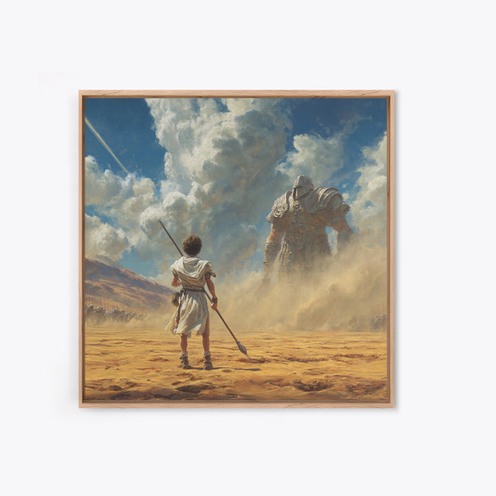 Young Warrior Facing Desert Giant In Dust Canvas Print, Biblical Wall Art, Fantasy Decor, David And Goliath Gift For Him