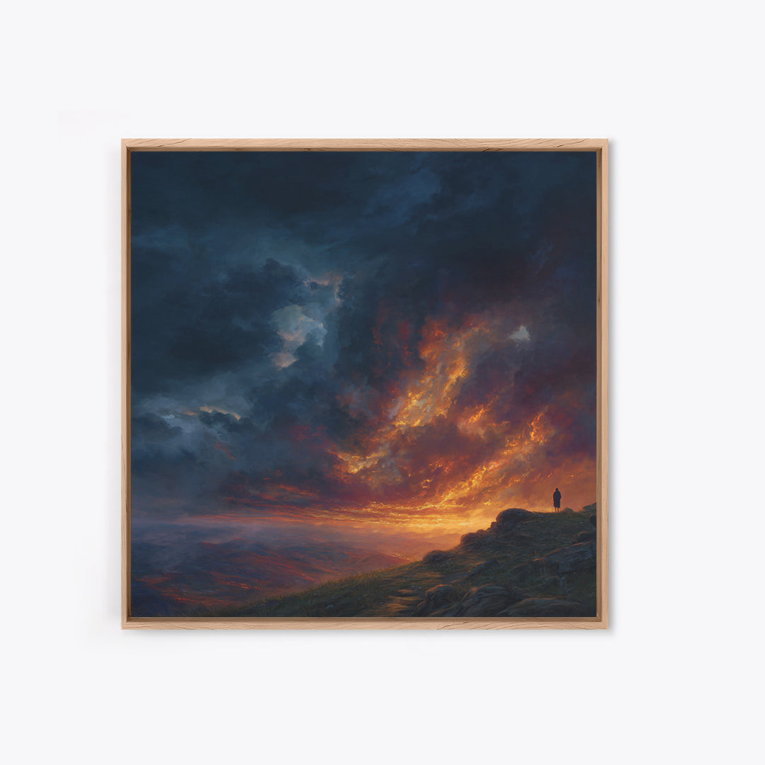 Lone Figure Under Fiery Storm Clouds Wall Art, Dramatic Landscape Canvas Print, Moody Fantasy Decor, Statement Artwork Gift