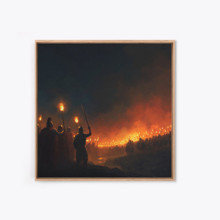 Torchlit Ancient Army At Night Wall Art, Dark Fantasy Canvas Print, Warrior Battle Scene, Moody Medieval Decor, Man Cave Gift