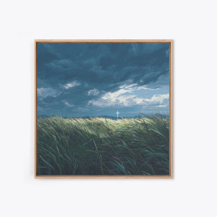 Stormy Field With Glowing Cross Wall Art, Christian Canvas Print, Moody Landscape Decor, Faith Inspired Prayer Room Art, Gift