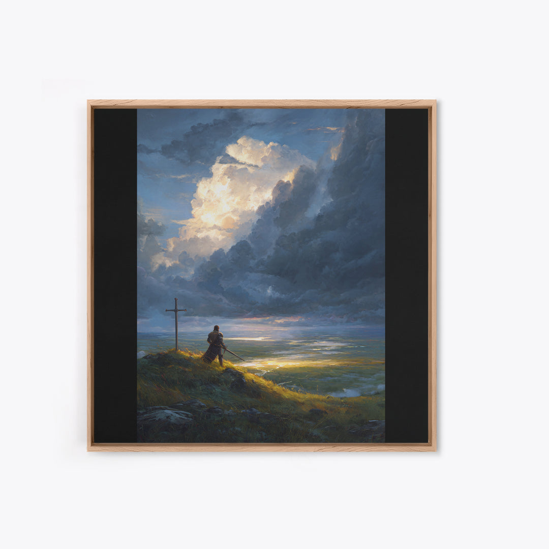 Lone Knight At Cross Under Storm Clouds Framed Canvas Print, Christian Wall Art, Dramatic Landscape, Faith Home Decor Gift