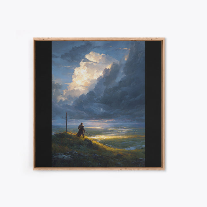 Lone Knight At Cross Under Storm Clouds Framed Canvas Print, Christian Wall Art, Dramatic Landscape, Faith Home Decor Gift