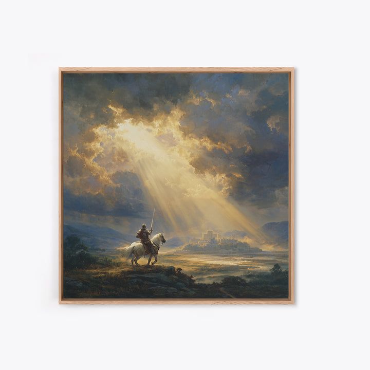 Mounted Knight Beneath Sunbeams Framed Canvas Print, Medieval Landscape Wall Art, Christian Artwork, Castle Decor Gift For Him