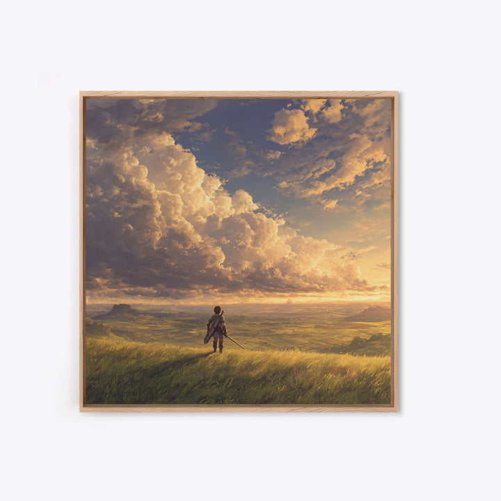 Lone Traveler Under Golden Clouds Wall Art, Fantasy Landscape Painting, Adventure Canvas Print For Bedroom And Living Room Decor