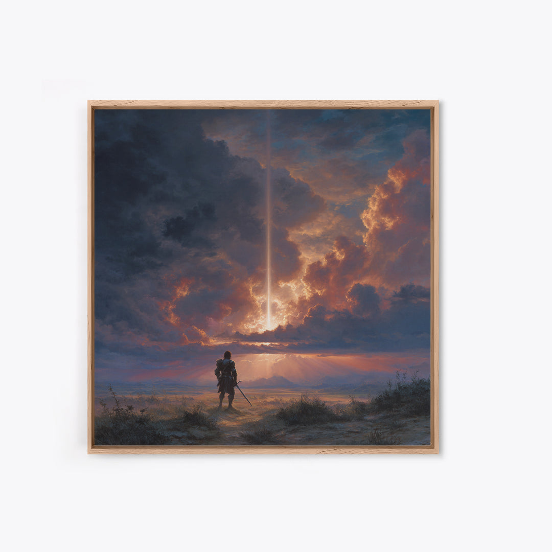 Lone Warrior Under Divine Sky Canvas Print, Fantasy Landscape Art, Dramatic Cloudscape Wall Decor, Medieval Adventure Gift For Him