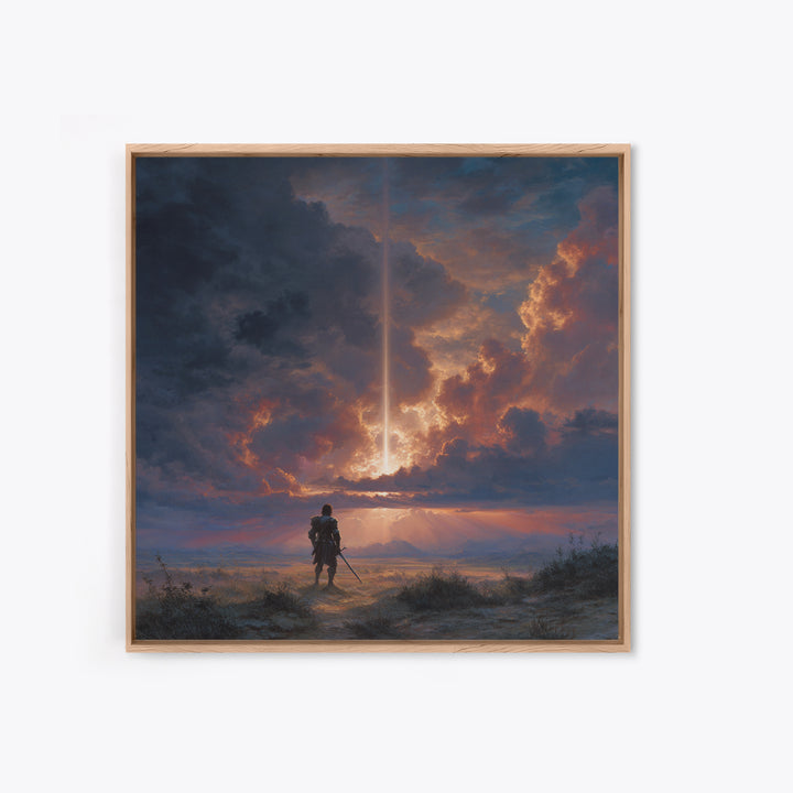 Lone Warrior Under Divine Sky Canvas Print, Fantasy Landscape Art, Dramatic Cloudscape Wall Decor, Medieval Adventure Gift For Him