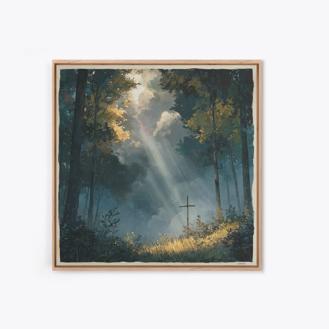 Sunbeams Over Forest Cross Wall Art, Peaceful Christian Canvas Print, Spiritual Nature Decor, Prayer Room Artwork, Faith Gift