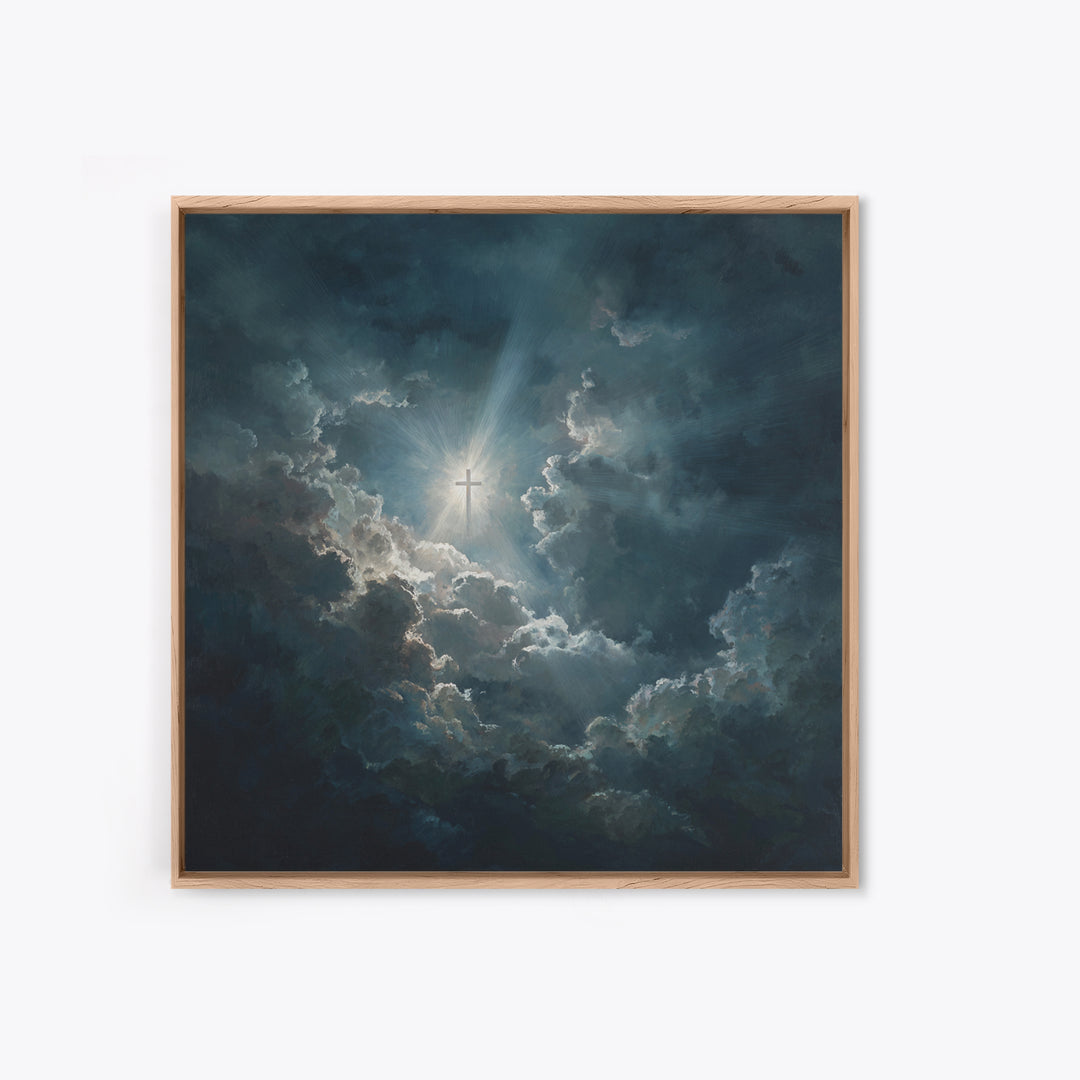 Radiant Cross In Storm Clouds Wall Art, Christian Inspirational Canvas Print, Spiritual Home Decor, Prayer Room Gift For Her