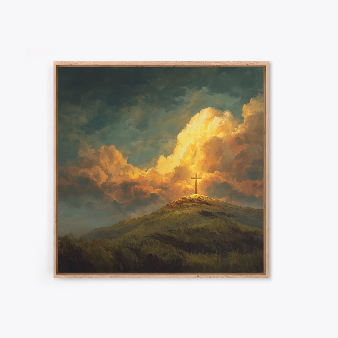 Glowing Cross On Hilltop Wall Art, Christian Landscape Canvas Print, Inspirational Clouds, Religious Home Decor Gift For Her