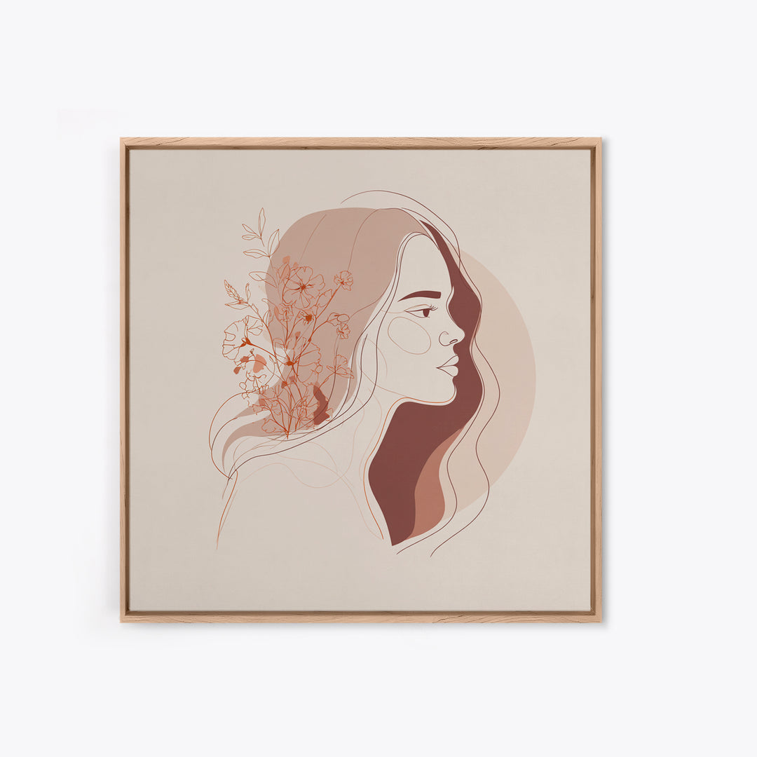 Terracotta Floral Woman Wall Art, Minimalist Line Portrait Canvas Print, Feminine Boho Decor, Neutral Bedroom Art Print For Her