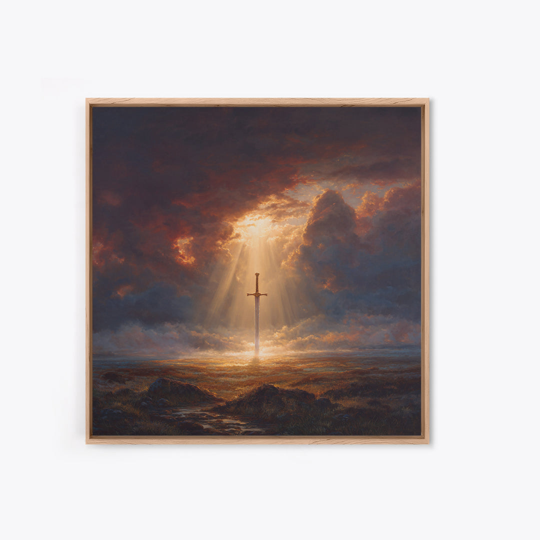 Sword Of Light In Stormy Field Framed Canvas Print, Christian Symbol Painting, Dramatic Landscape Wall Decor, Faith Gift