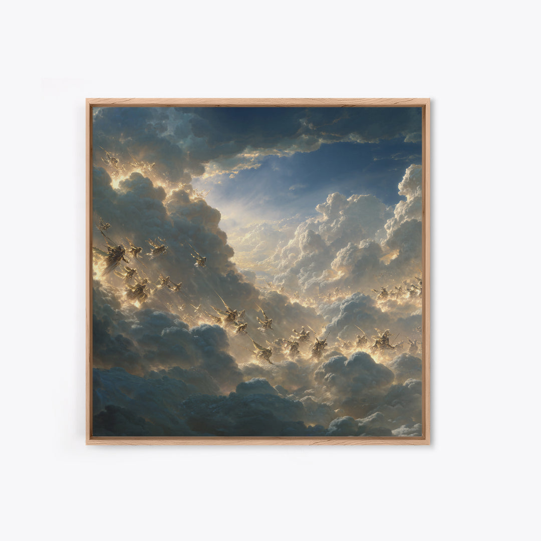 Angelic Riders In Storm Clouds Wall Art, Celestial Christian Canvas Print, Fantasy Sky Battle, Spiritual Living Room Decor