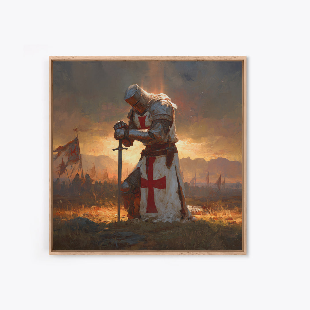 Kneeling Templar Knight In Battle Canvas Print, Medieval Christian Wall Art, Crusader Artwork Gift For Him, Man Cave Decor