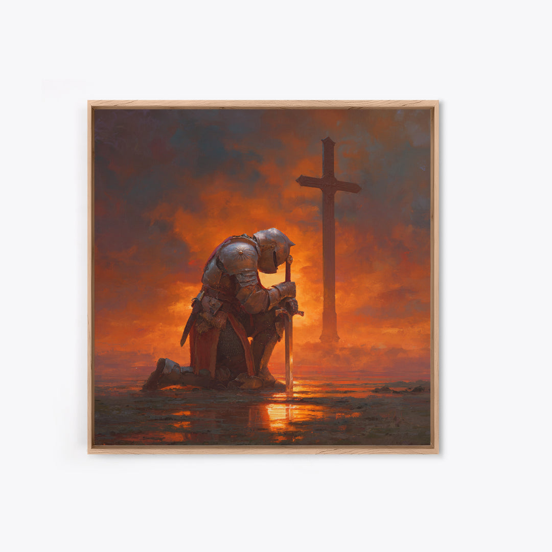 Kneeling Crusader Before Cross At Fiery Sunset Wall Art, Christian Canvas Print, Medieval Decor, Inspirational Gift For Him