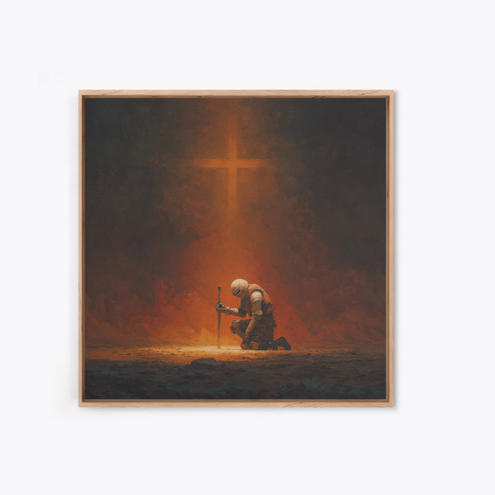 Kneeling Knight With Glowing Cross Framed Canvas Print, Christian Wall Art, Dark Fantasy Decor, Prayer Room Gift For Him Home Decor
