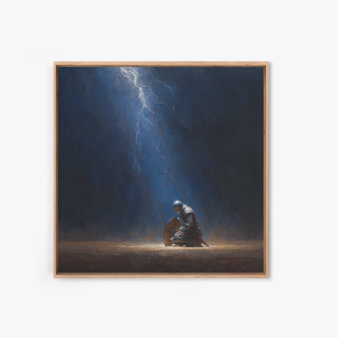 Kneeling Knight In Lightning Storm Wall Art, Dark Fantasy Medieval Canvas, Warrior Prayer Scene, Gothic Home Decor Unique Gift