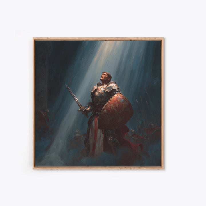 Heroic Knight With Sword And Shield In Divine Light Framed Canvas Print, Fantasy Wall Art, Medieval Wall Decor, Gift For Him