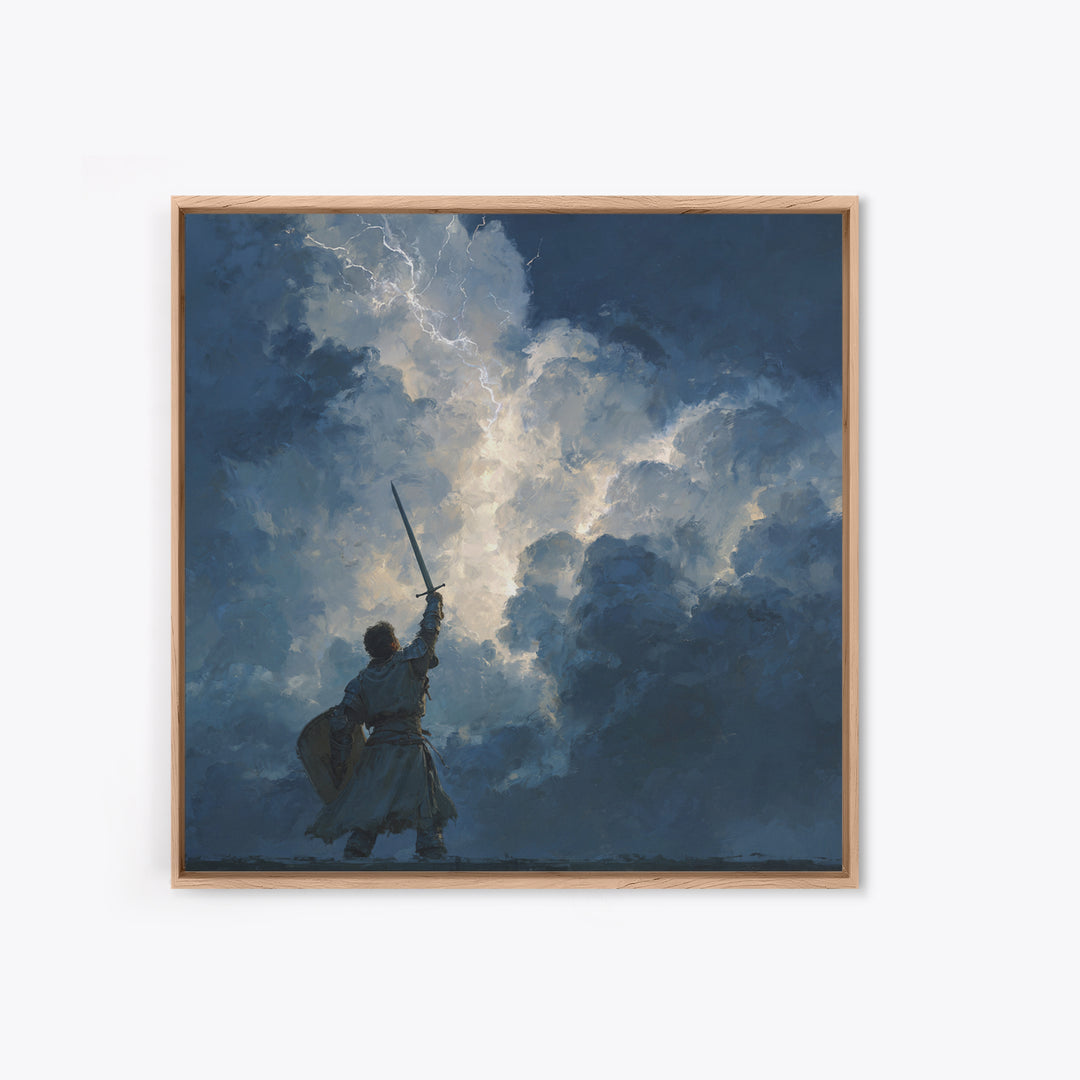 Warrior Raising Sword Into Lightning Canvas Print, Epic Fantasy Wall Art, Storm Clouds, Dark Heroic Medieval Home Decor Gift