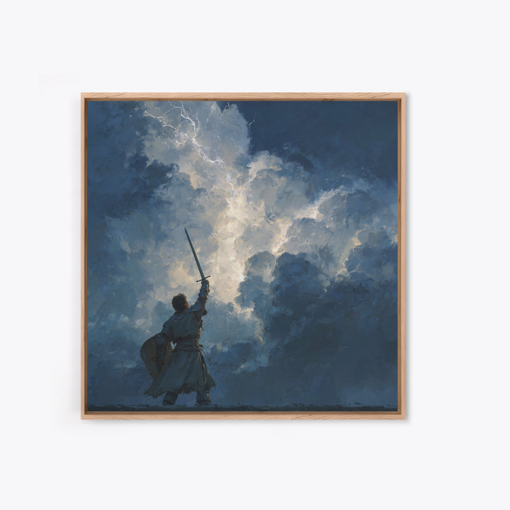 Warrior Raising Sword Into Lightning Canvas Print, Epic Fantasy Wall Art, Storm Clouds, Dark Heroic Medieval Home Decor Gift