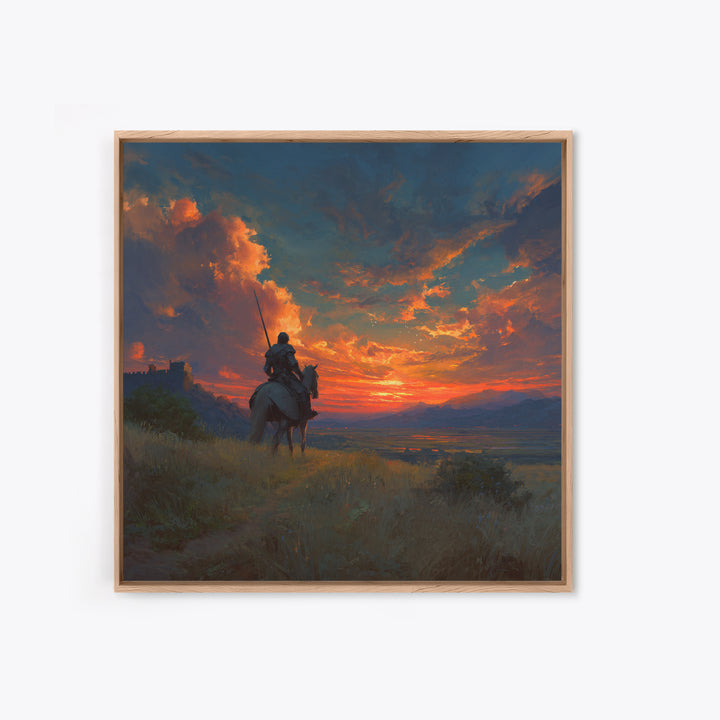 Armored Knight On Horseback At Fiery Sunset Canvas Print, Medieval Fantasy Wall Art, Dramatic Landscape Decor For Him Gift