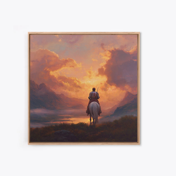 Lone Crusader Horseback Sunset Canvas Print, Epic Mountain Landscape Wall Art, Christian Artwork, Fantasy Art, Gift For Him