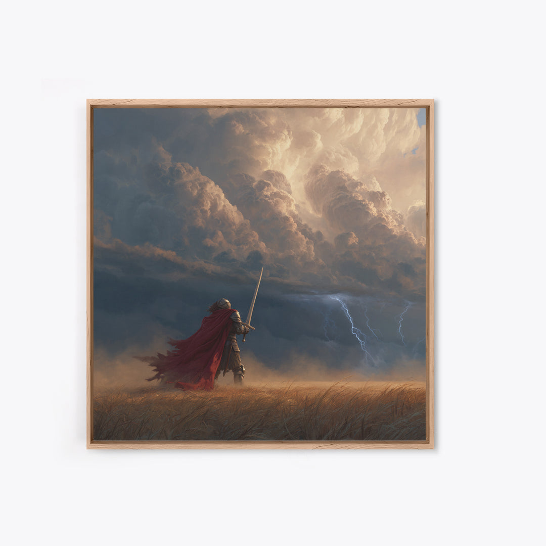 Armored Knight Facing Thunderstorm Wall Art, Dark Fantasy Canvas Print, Medieval Decor, Dramatic Warrior Gift For Him, Office Decor