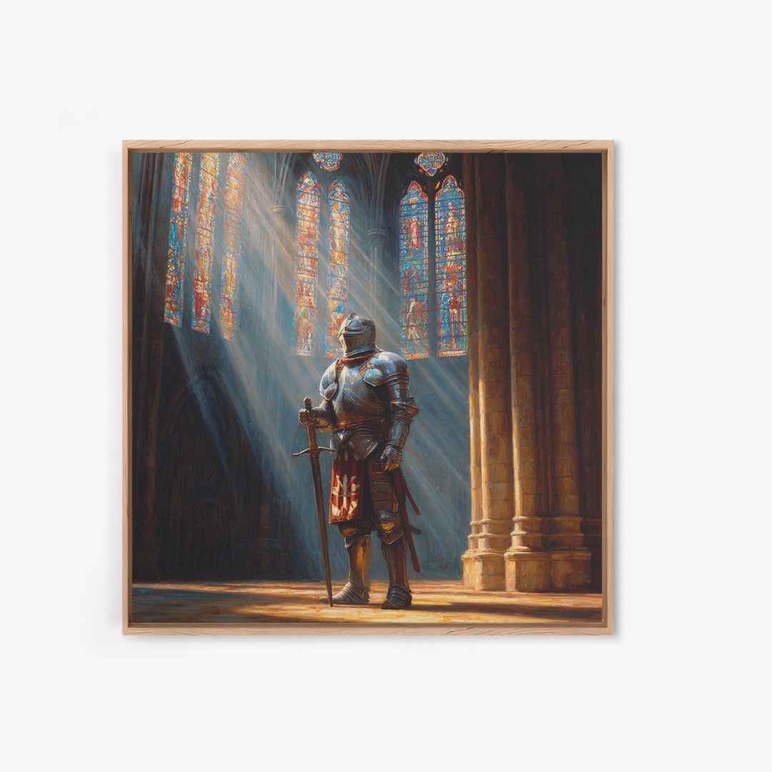 Armored Knight In Cathedral Light Wall Art, Medieval Fantasy Oil Painting, Gothic Decor, Dark Academia, Living Room Decor, Gift For Him