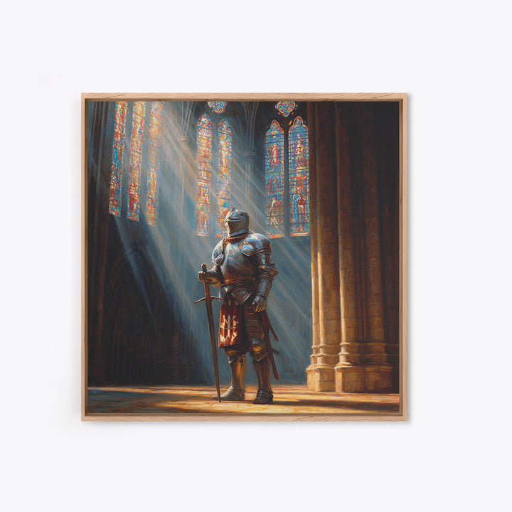 Armored Knight In Cathedral Light Wall Art, Medieval Fantasy Oil Painting, Gothic Decor, Dark Academia, Living Room Decor, Gift For Him
