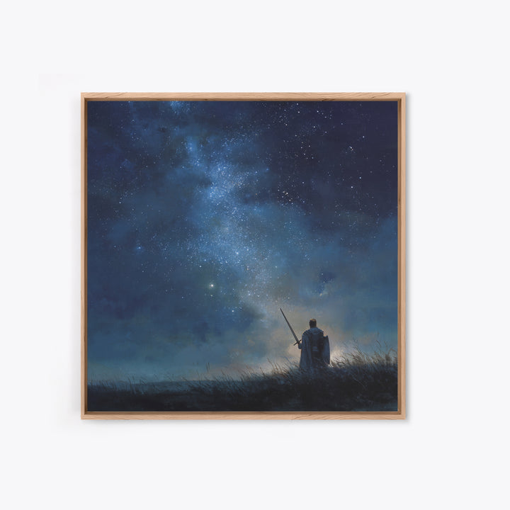Starry Night Warrior With Sword Under Milky Way Canvas Print, Fantasy Wall Art, Celestial Decor, Mystical Bedroom Art Gift