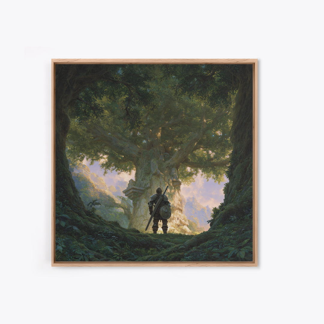 Warrior Before Ancient Tree Wall Art, Fantasy Forest Canvas Print, Enchanted Landscape Decor, Mythical Adventure Gift For Gamers
