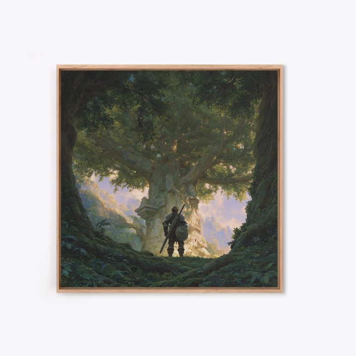 Warrior Before Ancient Tree Wall Art, Fantasy Forest Canvas Print, Enchanted Landscape Decor, Mythical Adventure Gift For Gamers