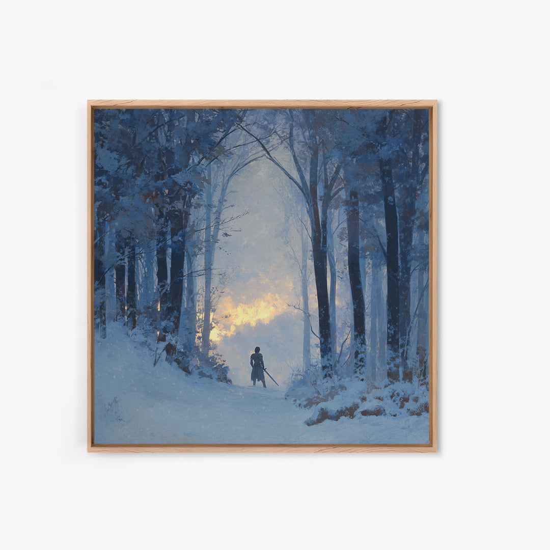 Blue Snowy Forest Wanderer Wall Art, Winter Landscape Canvas Print, Moody Nature Decor, Fantasy Adventure Gift For Him
