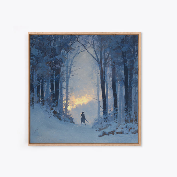 Blue Snowy Forest Wanderer Wall Art, Winter Landscape Canvas Print, Moody Nature Decor, Fantasy Adventure Gift For Him