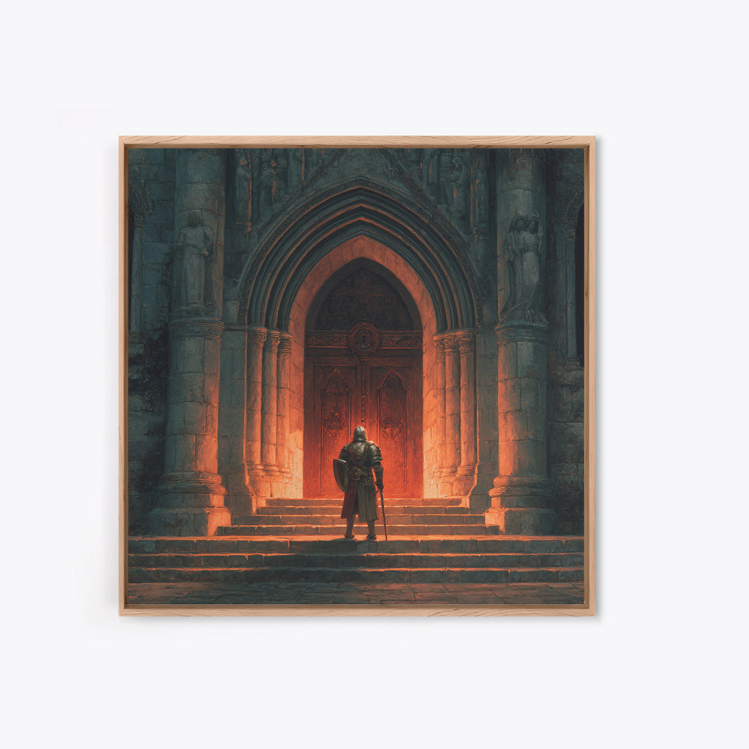Armored Knight Before Gothic Cathedral Door Canvas Print, Medieval Wall Art, Dark Academia Decor, Gothic Fantasy Gift For Him