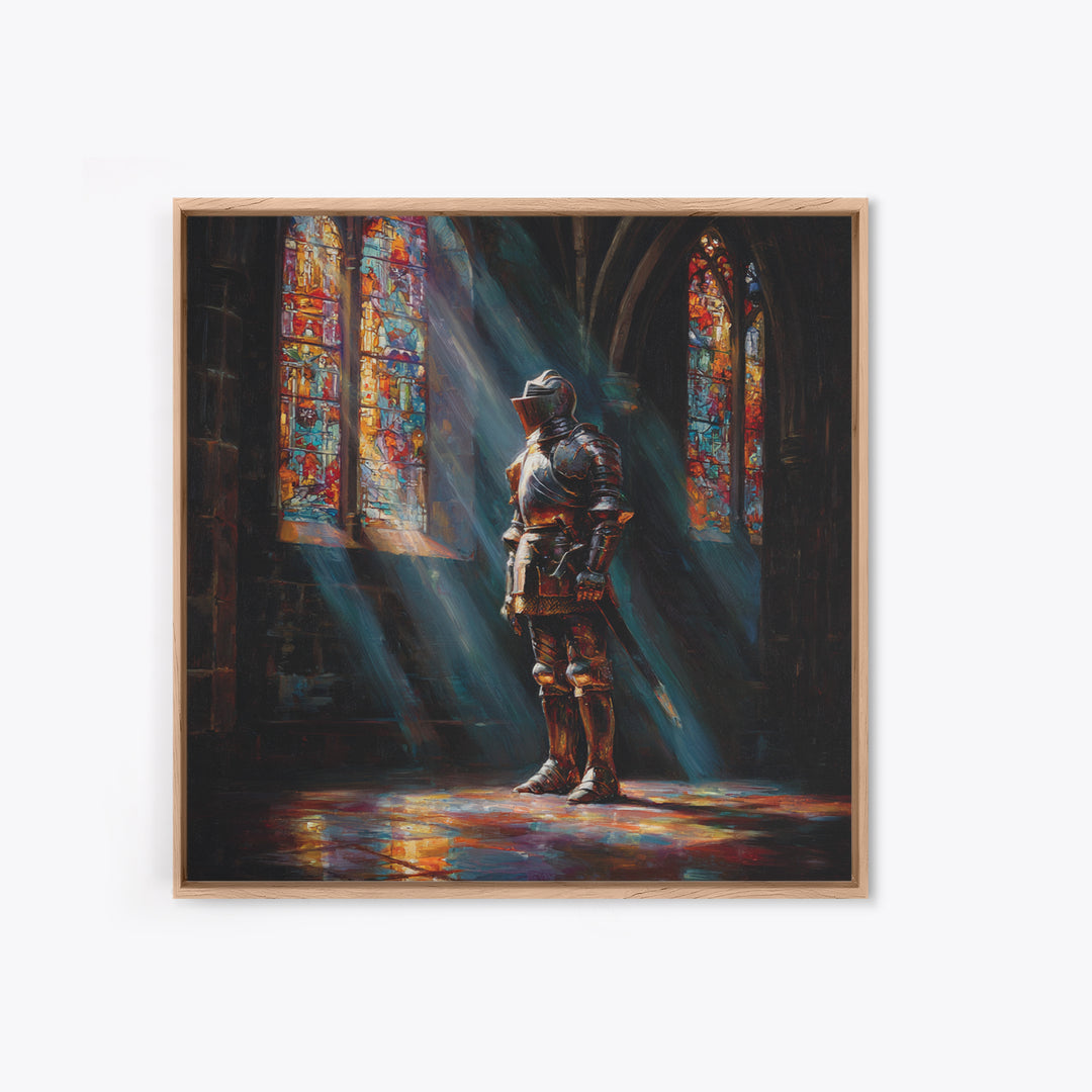 Armored Knight In Stained Glass Cathedral Wall Art, Gothic Castle Canvas Print, Medieval Decor, Dark Academia Fine Art Print