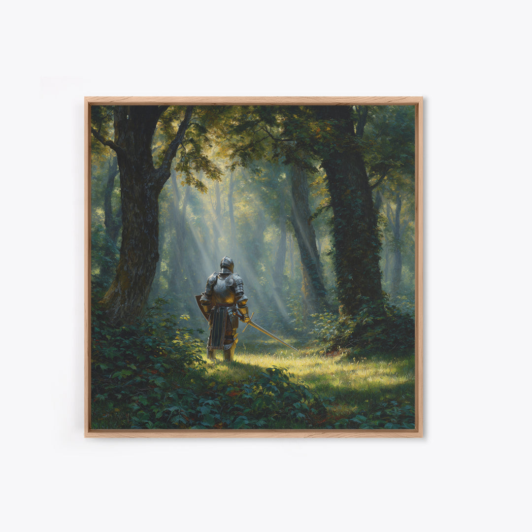 Armored Knight In Sunlit Forest Wall Art, Fantasy Canvas Print, Medieval Woodland Decor For Game Room Office And Home Decor
