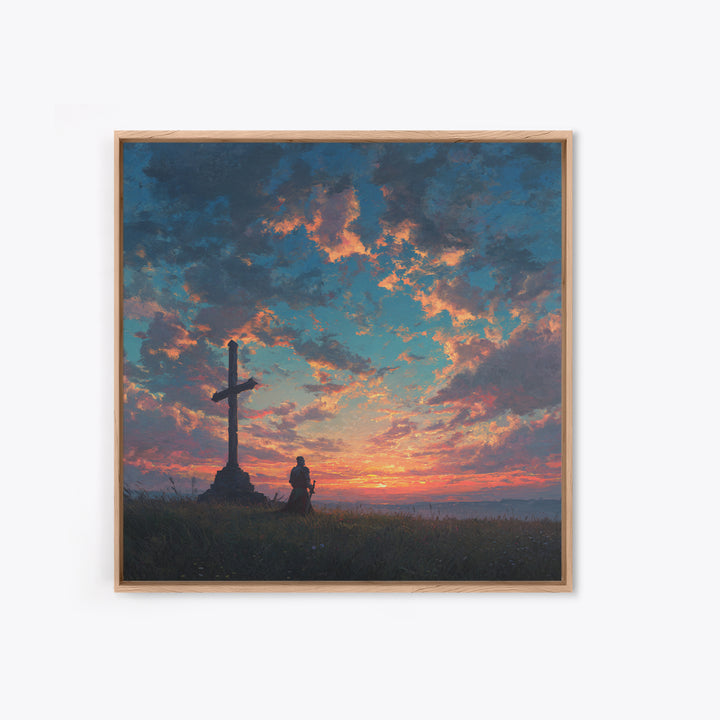 Knight Praying By Cross At Sunset Wall Art, Christian Landscape Painting, Bible Verse Decor, Inspirational Gift For Him Print