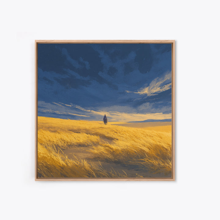 Lone Traveler In Golden Prairie Under Blue Sky Wall Art, Dreamy Landscape Canvas Print, Minimalist Nature Decor, Rustic Gift