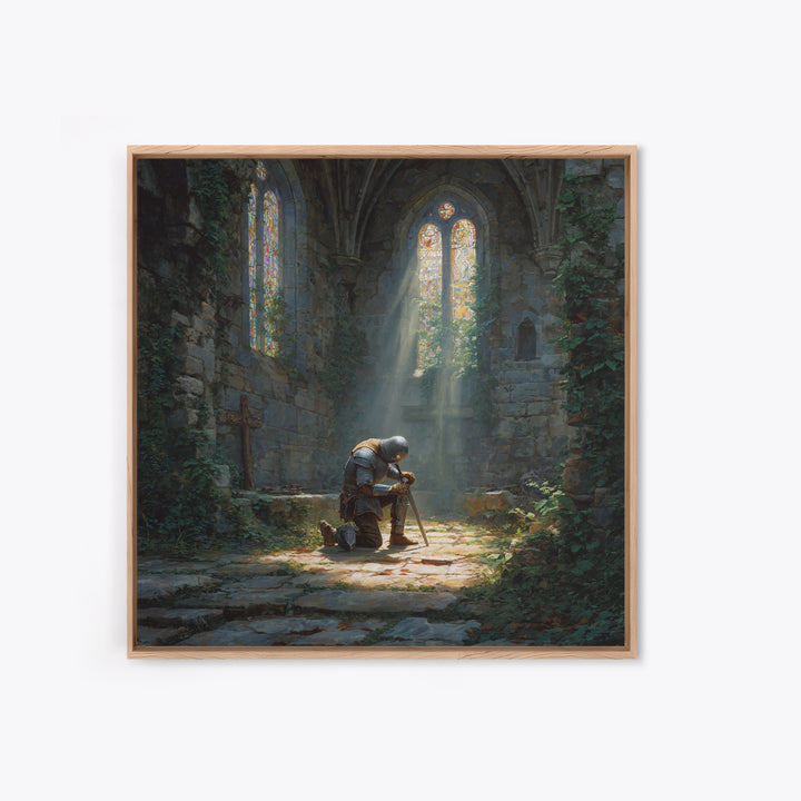 Kneeling Knight In Ruined Chapel Wall Art, Medieval Fantasy Canvas Print, Gothic Decor, Christian Artwork, Fine Art Print