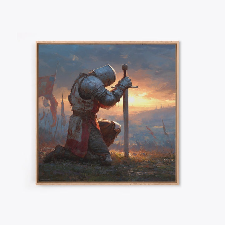 Kneeling Medieval Knight Wall Art, Fantasy Canvas Print, Warrior Sword Painting, Gothic Decor, Dark Academia Gift For Him