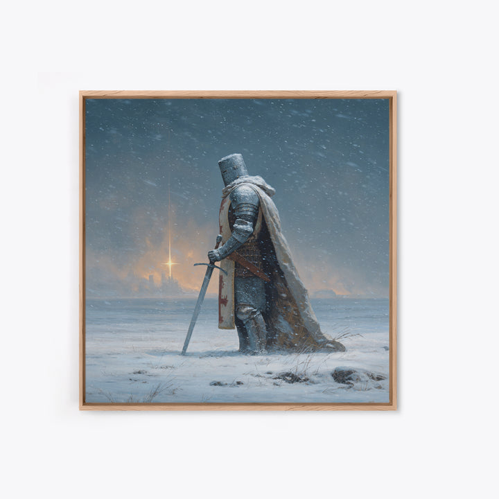 Snowy Medieval Knight Canvas Print, Fantasy Wall Art, Winter Warrior Sword Painting, Gothic Decor, Dark Academia Gift For Him