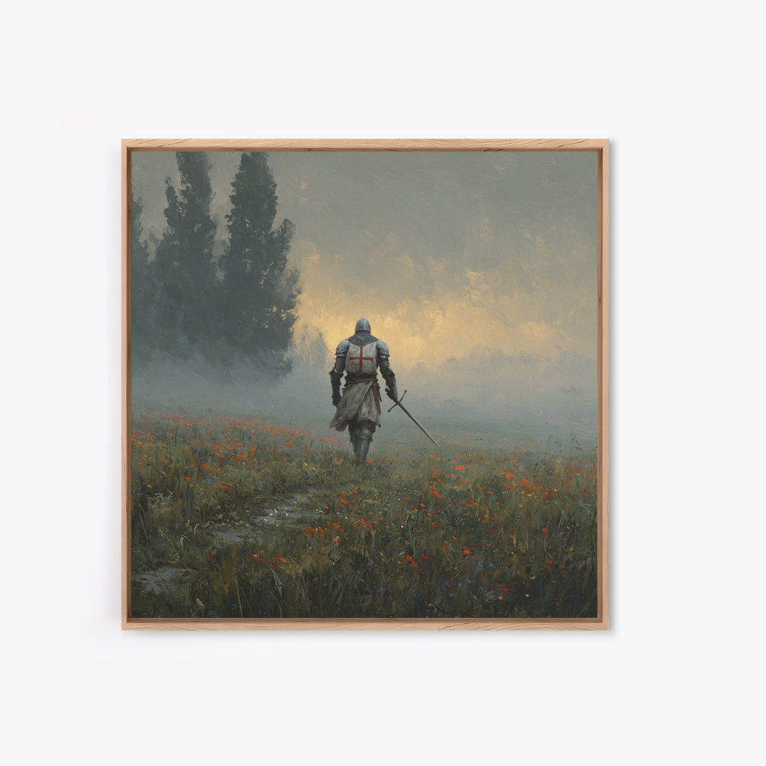 Misty Crusader Knight In Wildflower Meadow Wall Art, Medieval Landscape Canvas Print, Rustic Gothic Decor, Gift For Him Art